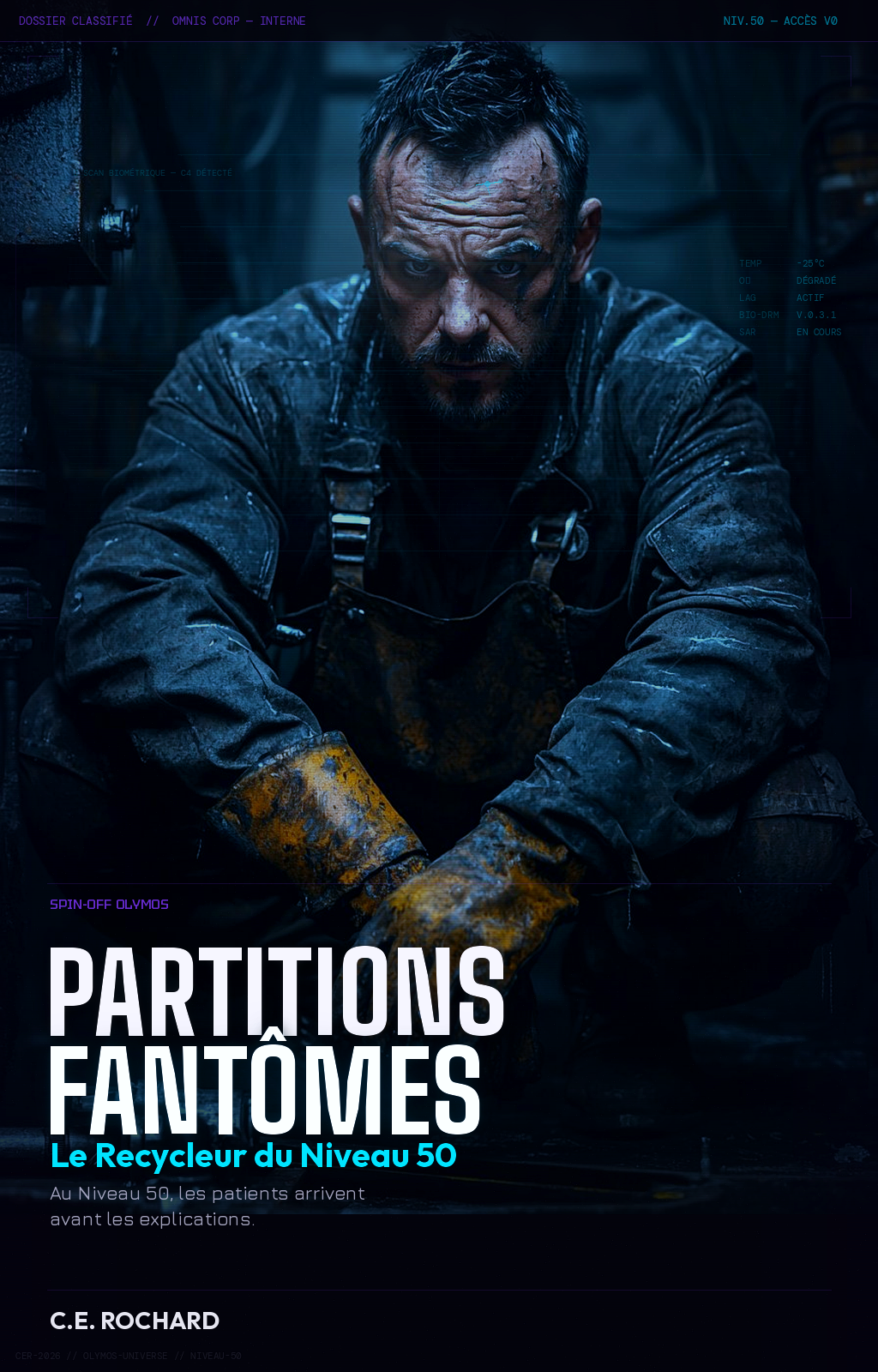 Couverture Partitions Fantômes : Le Recycleur du Niveau 50 — un homme marqué, gants usés, regard fixe dans l'obscurité industrielle du Niveau 50